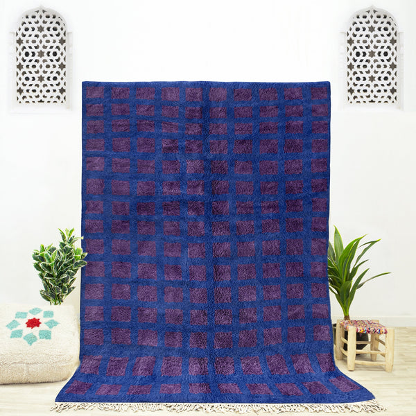 A custom Purple Bohemian Moroccan Beni Ourain checkered rug