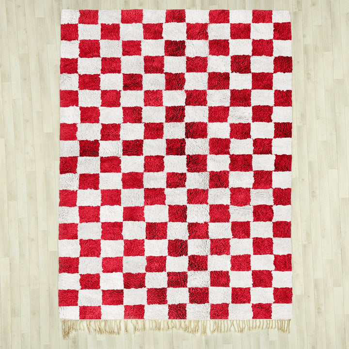 Handmade Moroccan checkered rug, Berber Custom area rug, Beni Ourain Checkerboard Rug, Red rug