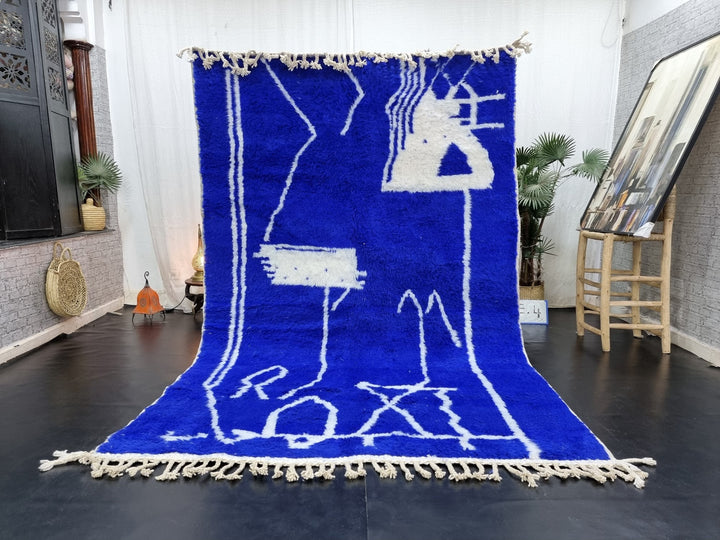 AMAZING WOOL RUG For Your Living Room, Moroccan Handmade Beniourain Rug With a Royal Blue Color, Abstract Artistic Handwoven Berber Carpet