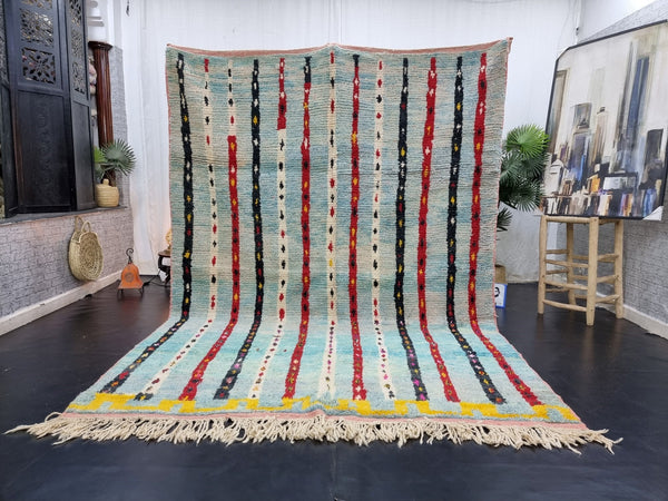 BEAUTIFUL MOROCCAN RUG, Moroccan Boujaad Rug , Red Aqua Blue rug, Handwoven Moroccan Wool, Striped Rug, Berber Wool Carpet, Bohemian Rug