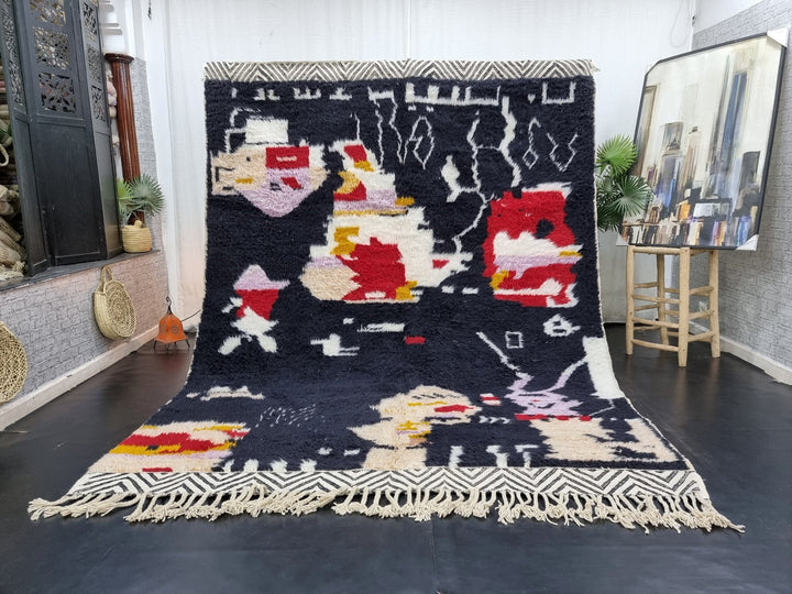 AMAZING BENIOURAIN RUG, Moroccan Rug , Black Rug, Abstract Rug, Handmade Rug, Handwoven Rug, Area Rug, Kilim Edges Rug, Plain Wool Rug