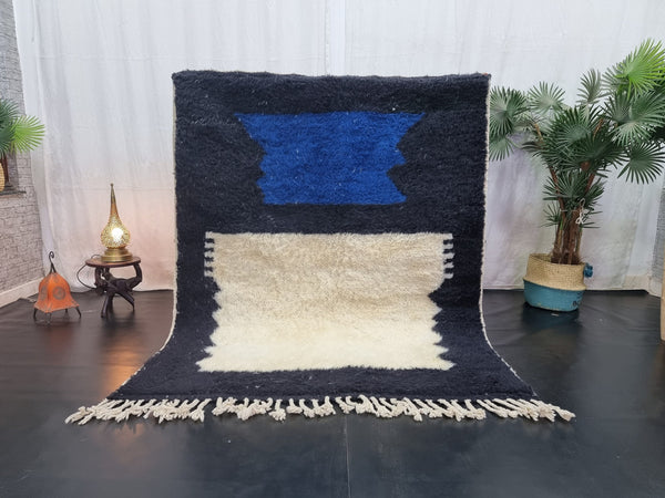 STUNNING BENIOURAIN RUG, Handmade Wool Rug, Moroccan Rug, Abstract Blue And Black Rug, Sheep Wool Rug, Handwoven Rug, Berber Rug, Plain Rug