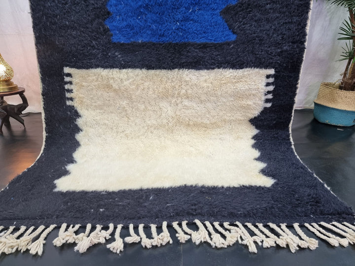 STUNNING BENIOURAIN RUG, Handmade Wool Rug, Moroccan Rug, Abstract Blue And Black Rug, Sheep Wool Rug, Handwoven Rug, Berber Rug, Plain Rug