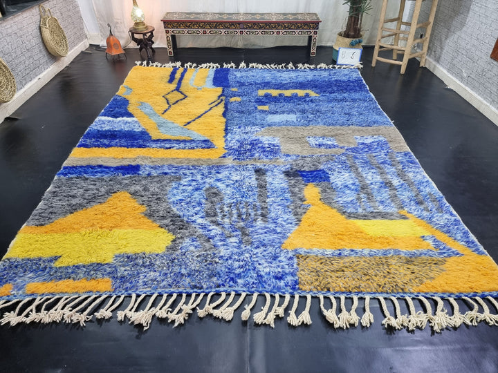 UNIQUE BENIOURAIN RUG, Moroccan Rug, Blue  Yellow Rug, Abstract Rug, Handmade Rug, Handwoven Rug, Plain Rug, Bohemian Rug, Blue Area Rug