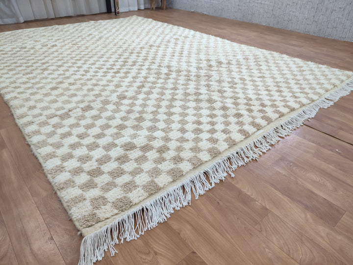 Large light beige and white checkered rug, Moroccan Berber checkered rug Checkered area rug Checkerboard Rug beniourain rug Soft Colored Rug