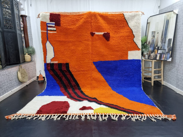 STUNNING MOROCCAN RUG, Beniourain Rug , Orange  Blue Rug, AbstractRug, Handmade Rug, Area Rug, Handwoven Rug, Berber Rug, Funky Rug