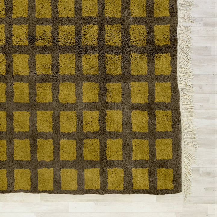 Custom checkered rug, Moroccan Berber sheepskin rug, Yellow and Grey checkerboard area rug