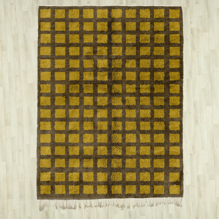 Custom checkered rug, Moroccan Berber sheepskin rug, Yellow and Grey checkerboard area rug