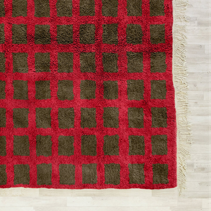 Custom checkered rug, Moroccan Berber sheepskin rug, Grey and Red checkerboard area rug