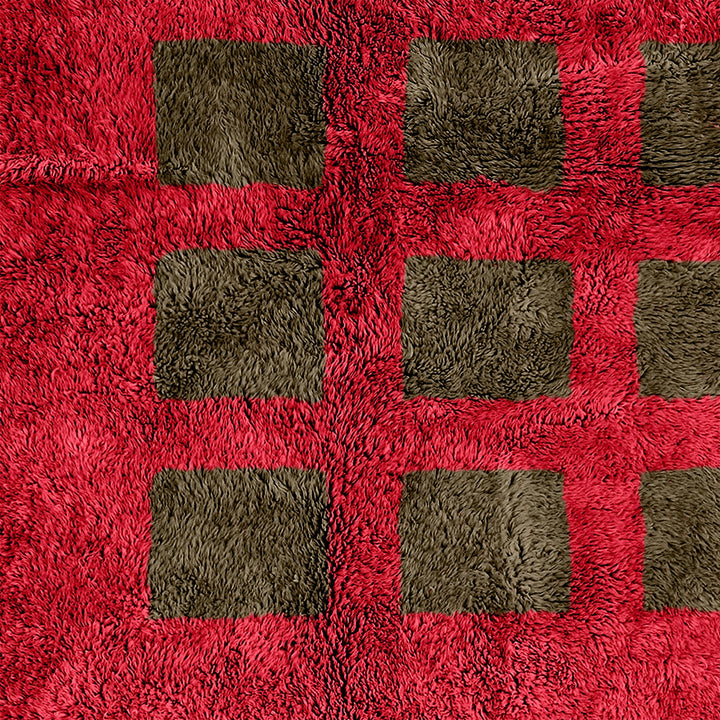 Custom checkered rug, Moroccan Berber sheepskin rug, Grey and Red checkerboard area rug