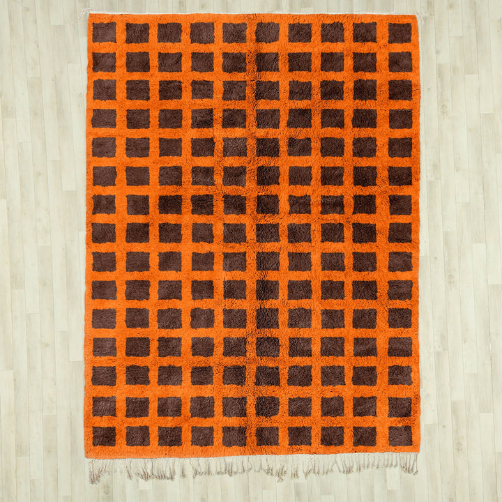 Brown and Orange checkered rug Beni Ourain rug for living room