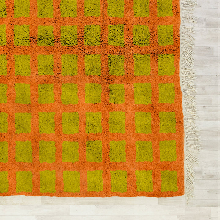 A sheepskin Moroccan Beni Ourain Yellow and Orange checkered rug