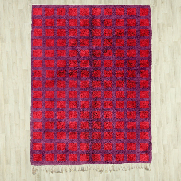 A Red boho Moroccan Beni Ourain checkered rug