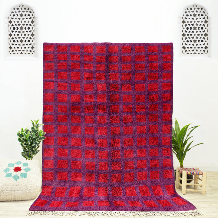 A Red boho Moroccan Beni Ourain checkered rug