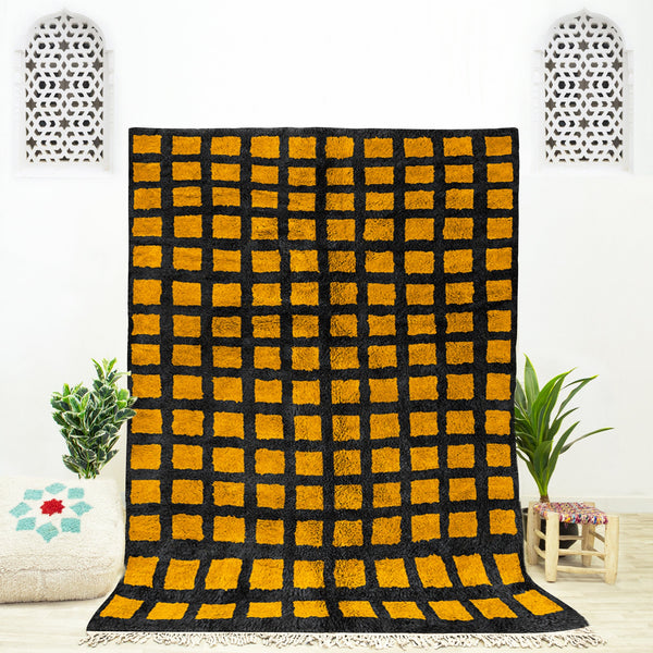 Checkered rug  Moroccan rug  Yellow and Black checkeredrug  checkerboard Handmade custom rug  Beni ourain rug