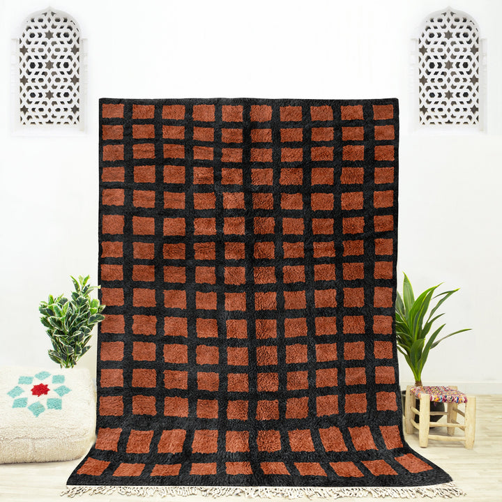 Brown Checkered Rug, Moroccan Shag Rug, Black Checkerboard Rug, Beni Ourain Rug, Area Rug , Wool Rug, Rug for Living Room