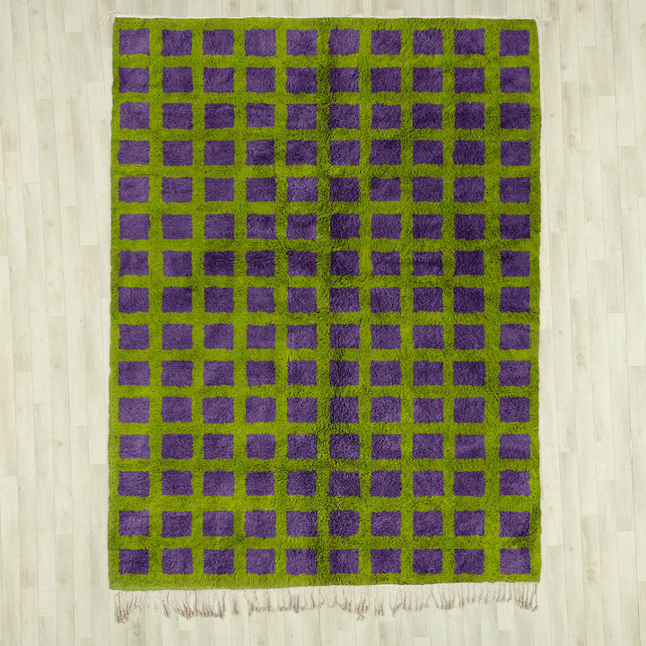 Custom Moroccan Purple and Green Beni Ourain checkered rug