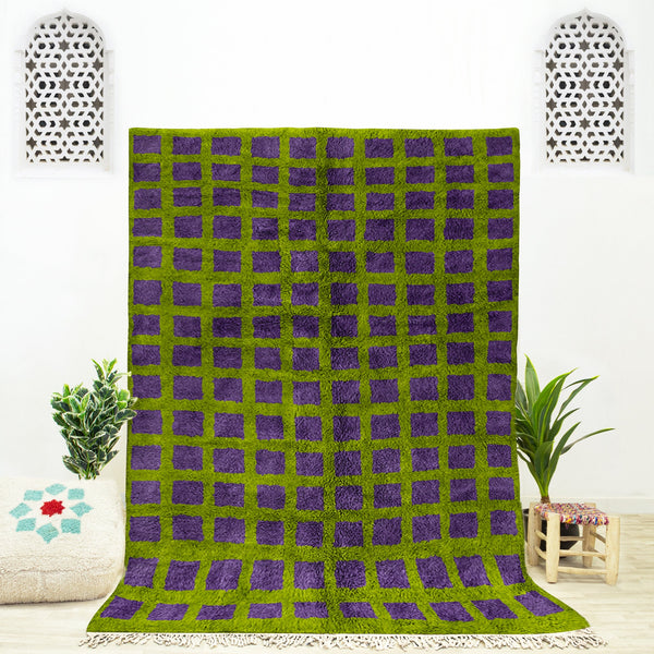 Custom Moroccan Purple and Green Beni Ourain checkered rug