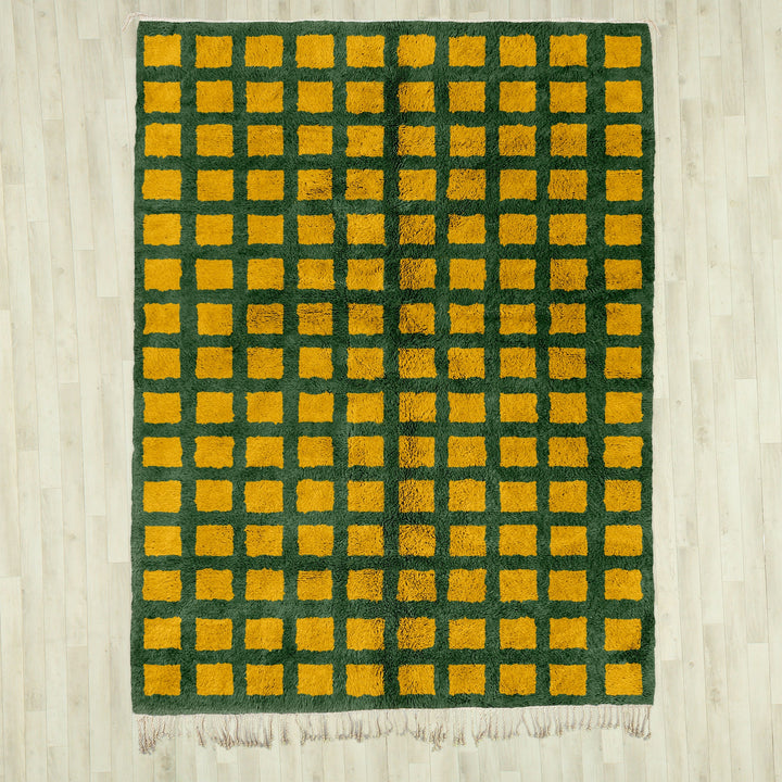 Custom Moroccan Yellow and Green Beni Ourain checkered rug