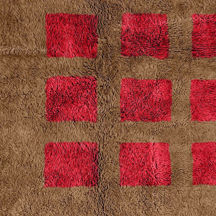 A sheepskin Moroccan Beni Ourain Red and Brown checkered rug