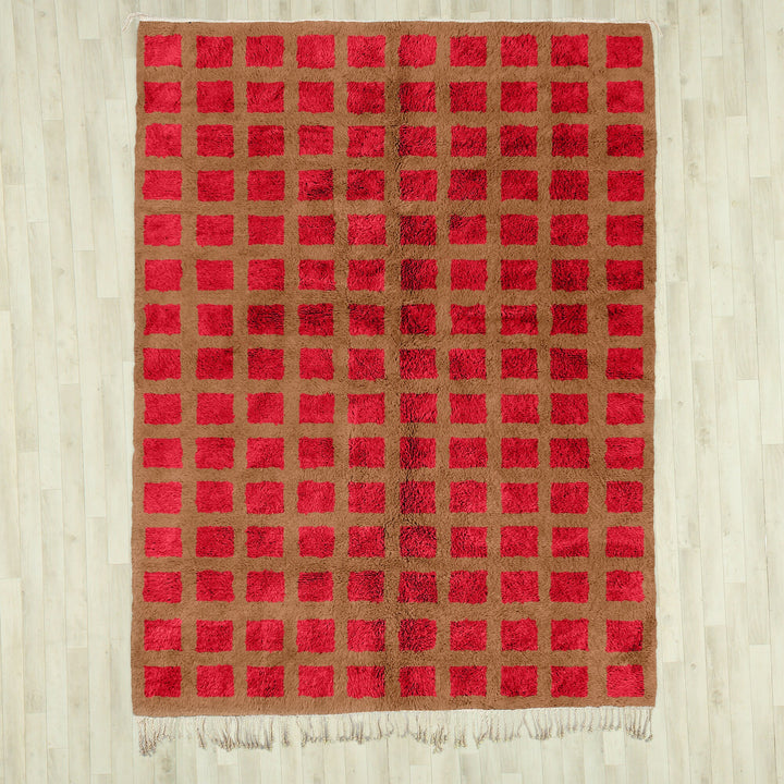 A sheepskin Moroccan Beni Ourain Red and Brown checkered rug