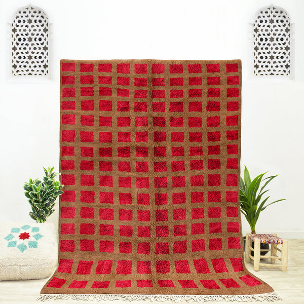 A sheepskin Moroccan Beni Ourain Red and Brown checkered rug