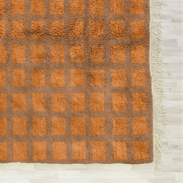 A custom Brown Bohemian Moroccan Beni Ourain checkered rug