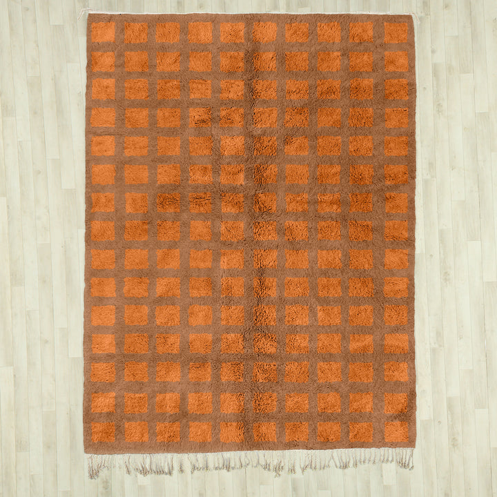 A custom Brown Bohemian Moroccan Beni Ourain checkered rug