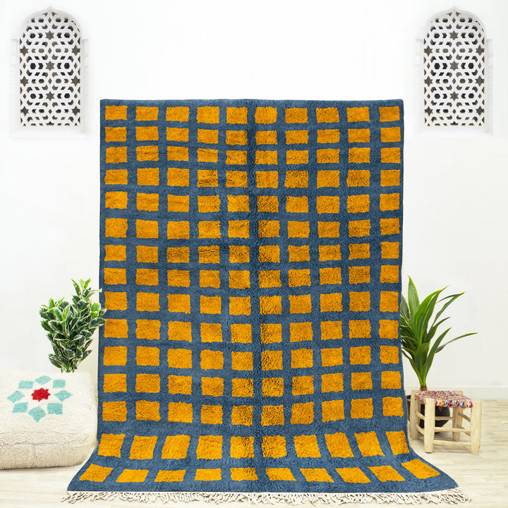 Checkered rug  Moroccan rug  Yellow and Blue checkeredrug  checkerboard Handmade custom rug  Beni ourain rug