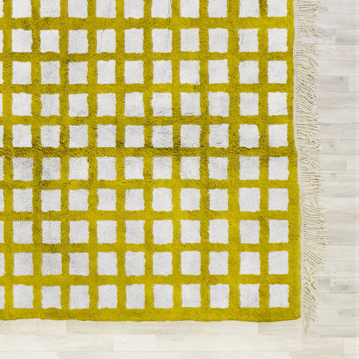 Custom checkered rug, Moroccan Berber sheepskin rug, Yellow and White checkerboard area rug