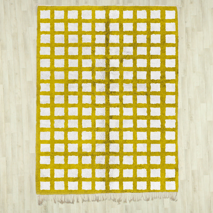 Custom checkered rug, Moroccan Berber sheepskin rug, Yellow and White checkerboard area rug