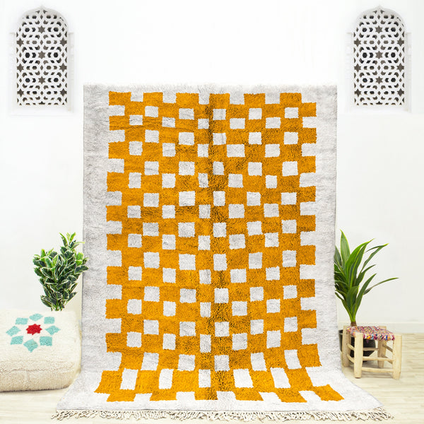 A custom Beni Ourain Moroccan checkerboard rug for living room