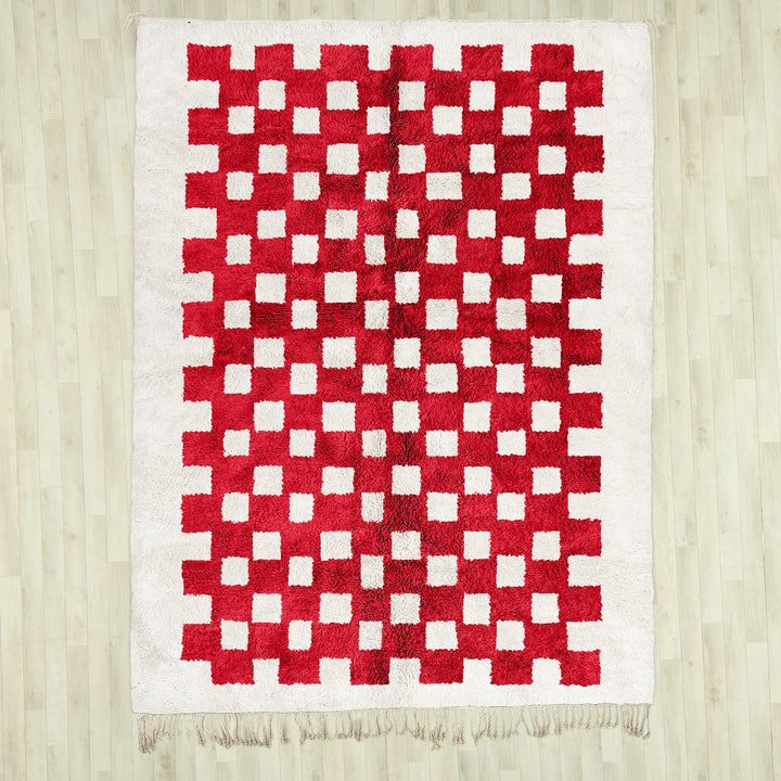 Custom sheepskin Moroccan Beni Ourain Red and White checkered rug