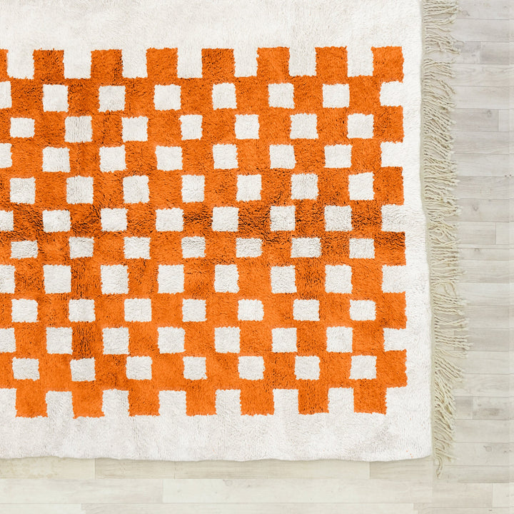 Custom Moroccan Orange and White Beni Ourain checkered rug