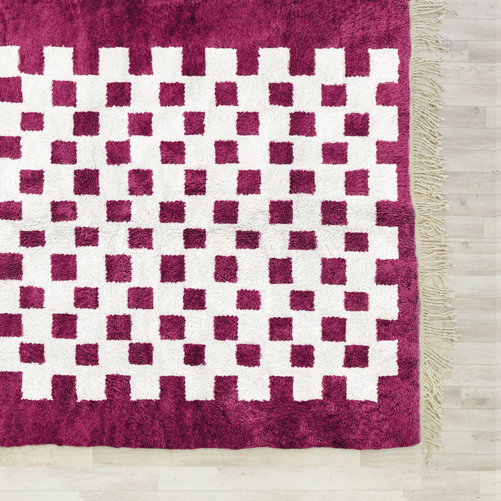 Custom checkered rug, Moroccan Berber sheepskin rug, Red and White checkerboard area rug