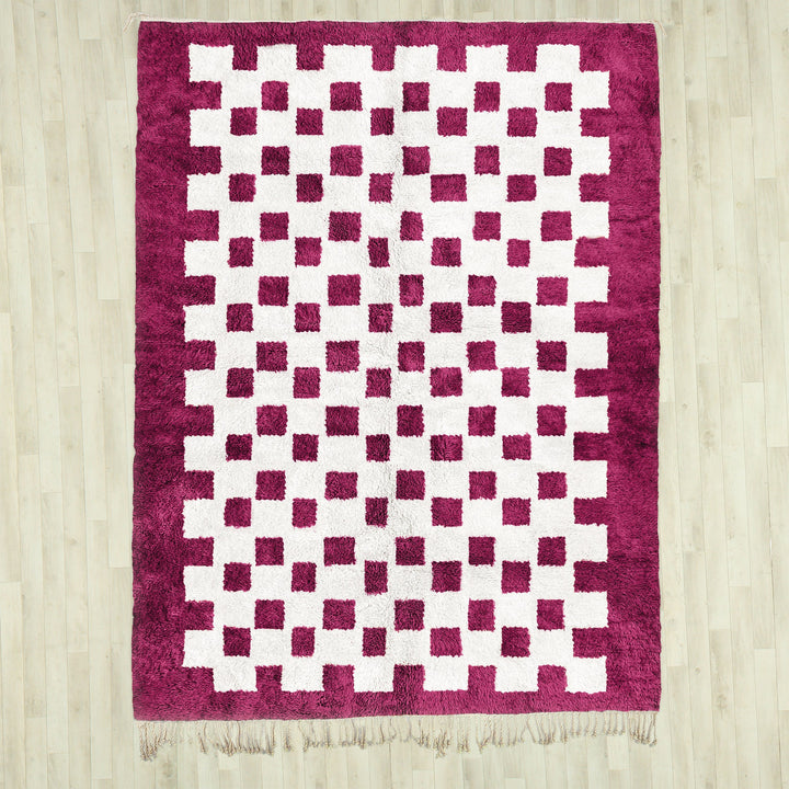 Custom checkered rug, Moroccan Berber sheepskin rug, Red and White checkerboard area rug