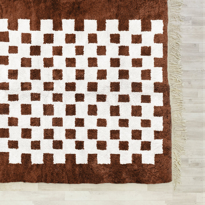 Brown woven shag Moroccan Beni Ourain checkered rug