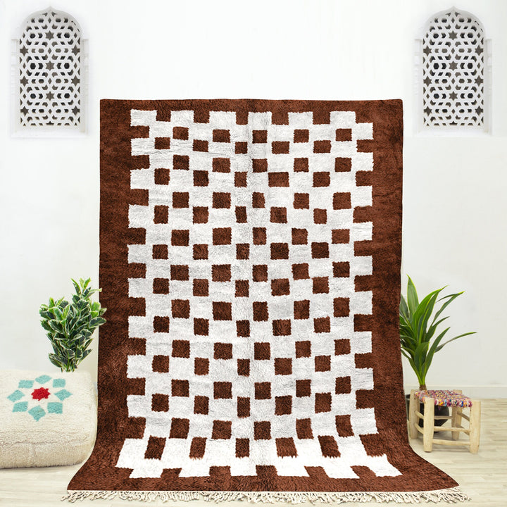 Brown woven shag Moroccan Beni Ourain checkered rug