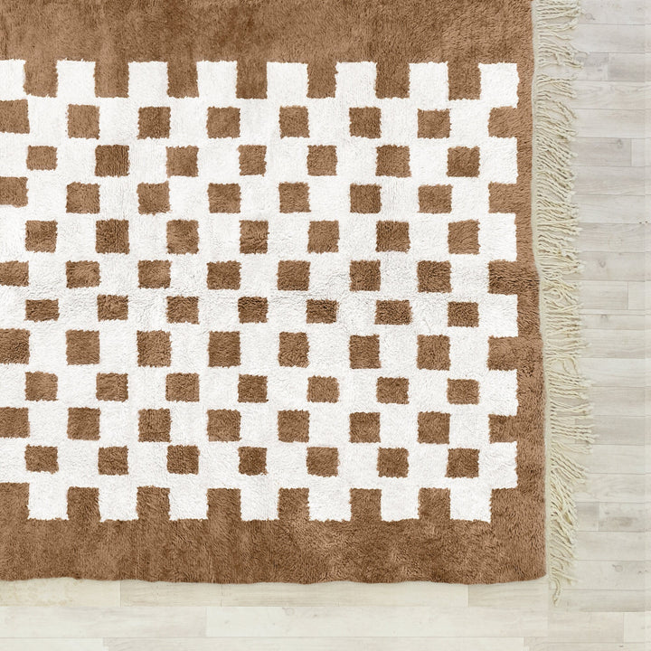 A custom Brown Bohemian Moroccan Beni Ourain checkered rug