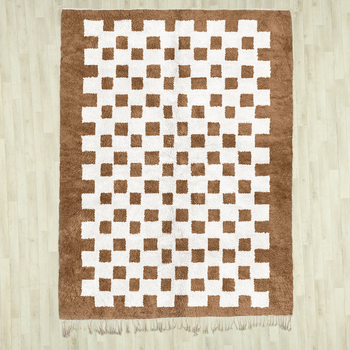 A custom Brown Bohemian Moroccan Beni Ourain checkered rug