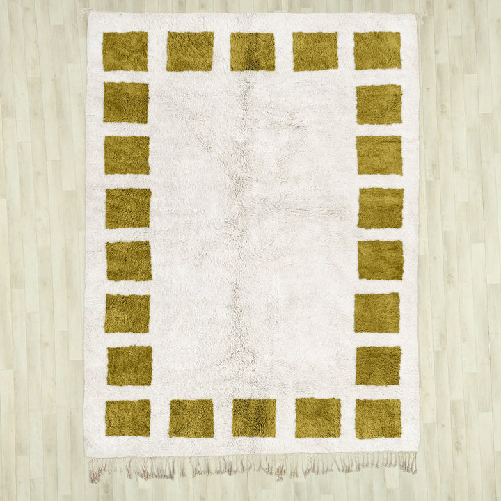 A Yellow handwoven Moroccan Berber checkered rug