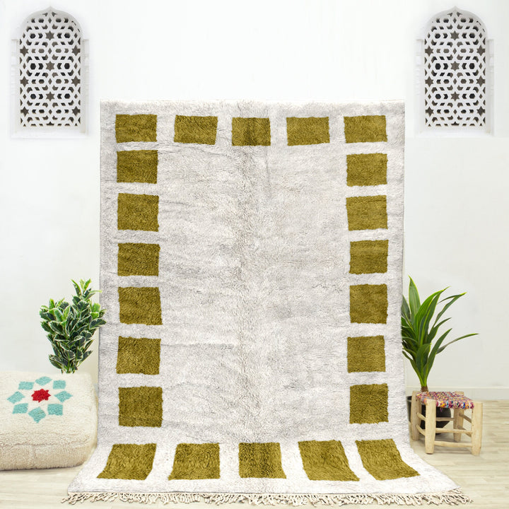 A Yellow handwoven Moroccan Berber checkered rug