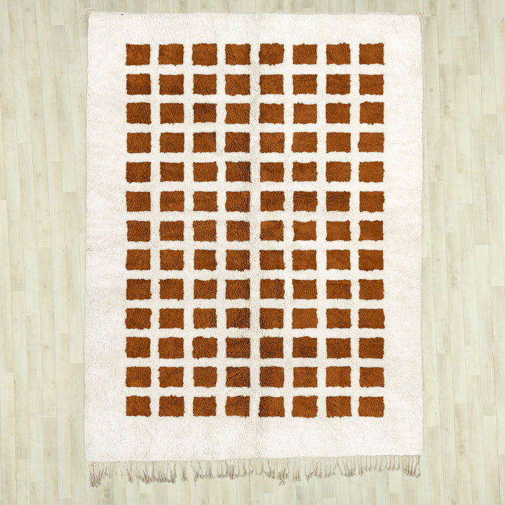 Brown and White Checkered Rug, Moroccan Shag Rug, Handmade Rug, Beni Ourain Rug, Checkerboard Rug, Area Rug , Bedroom Rug