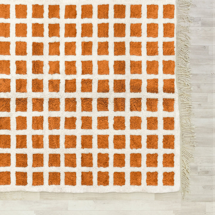 Custom Orange Area Rug, Moroccan Checkered Shag Rug, Bohemian Checkerboard Rug