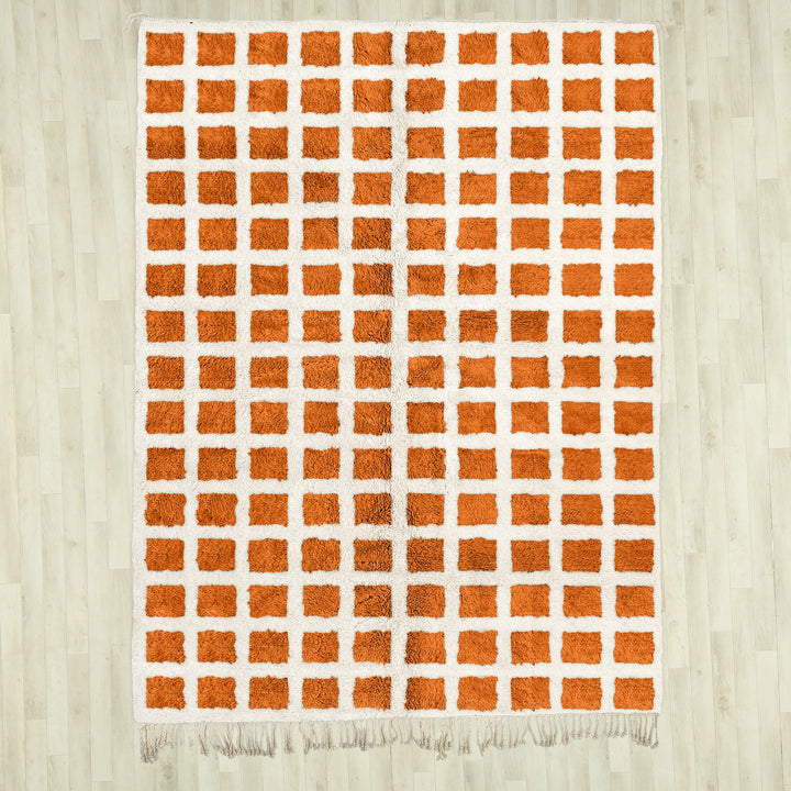 Custom Orange Area Rug, Moroccan Checkered Shag Rug, Bohemian Checkerboard Rug