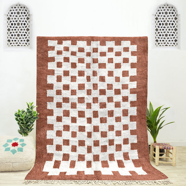 Brown Moroccan Beni Ourain checkered rug for bedroom and living room