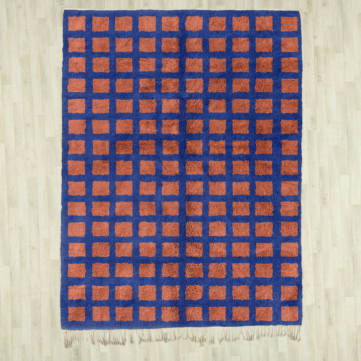 Custom Moroccan Brown and Blue Beni Ourain checkered rug