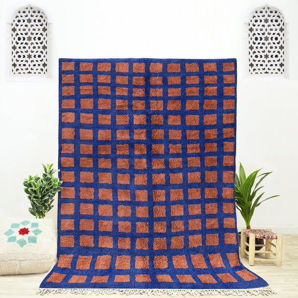 Custom Moroccan Brown and Blue Beni Ourain checkered rug