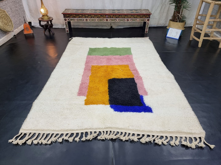 GORGEOUS MOROCCAN RUG, Handmade Rug , White And Yellow Rug, Berber Wool Rug, Abstract Wool Carpet, Funky Rug, Area Rug, Handwoven rug.