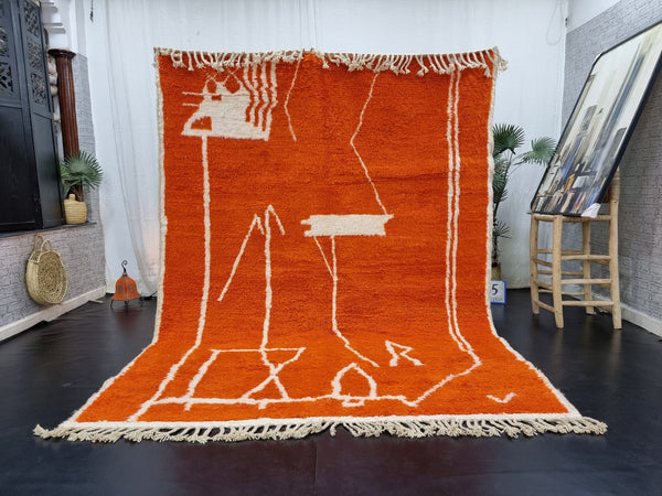 PRETTY ORANGE RUG For Your Living Room, Moroccan Handmade Rug From Wool of Sheep, Abstract Rug Inspired From Nomadic Berber Long History